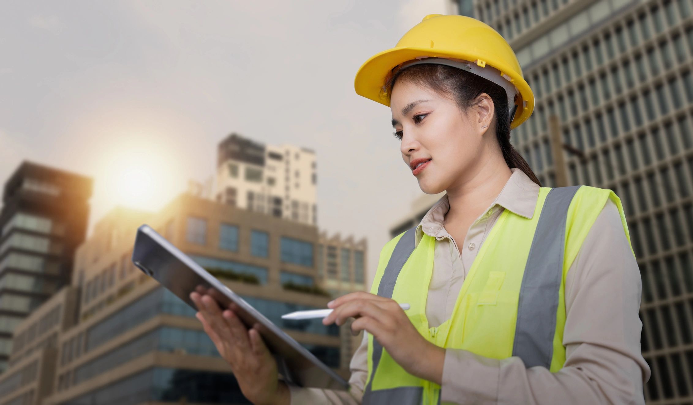 Construction professional using a tablet for project planning